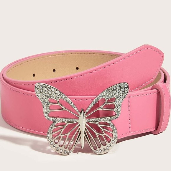 Pink 1pc Preppy Womens Pink Hollow Out Butterfly Buckle Belt